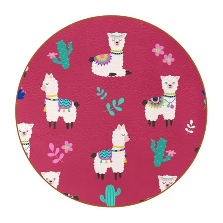 

OWNTA Alpaca Red Llama Pattern Premium Microfiber Leather Round Coasters (6PCS) - 11x11 cm/4.3x4.3 in - Durable & Stylish Cup Mat Set