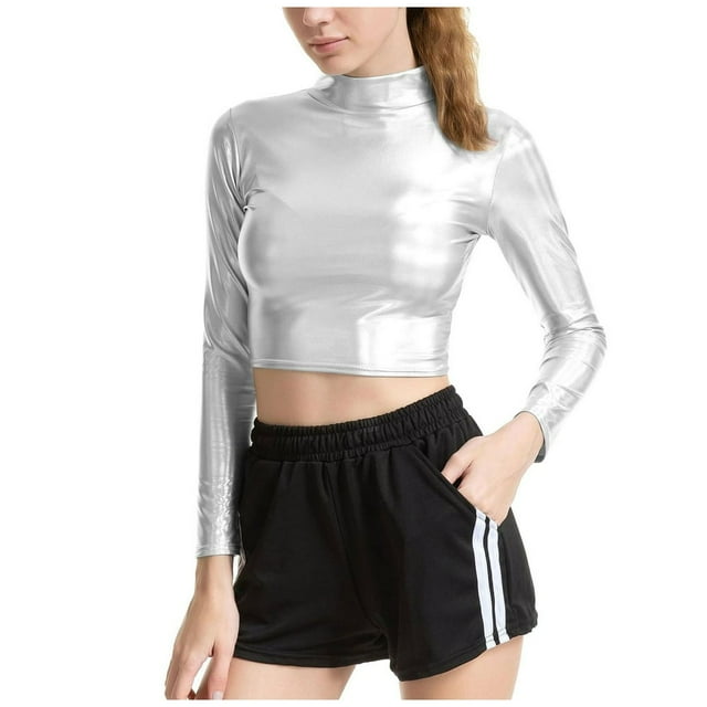 PENGXIANG Femmes Liquide Parti Maquette Col Roulé Sexy Crop Short Tunique Chemisier
