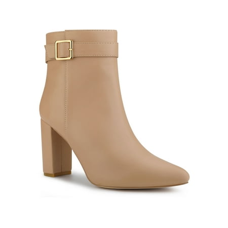BLISSFUL STEP Women s Ankle Boots Pointed Toe Buckle Decor Zipper Block Heel Nude 8
