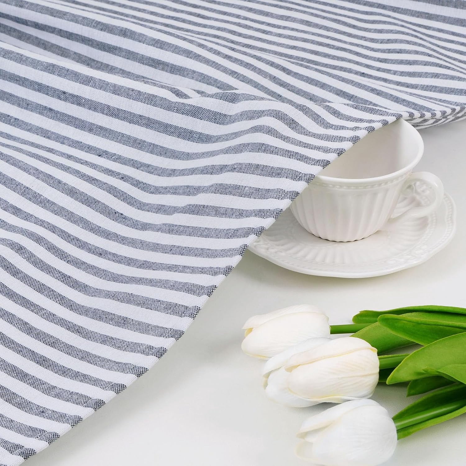 Cotton Linen Farmhouse Kitchen Curtains 24 Inch Boho Rustic Button Tier Curtains Natural/Blue Stripe Color Block Curtain Rod Pocket Small Window Curtain for Cafe Bathroom Bedroom Drapes