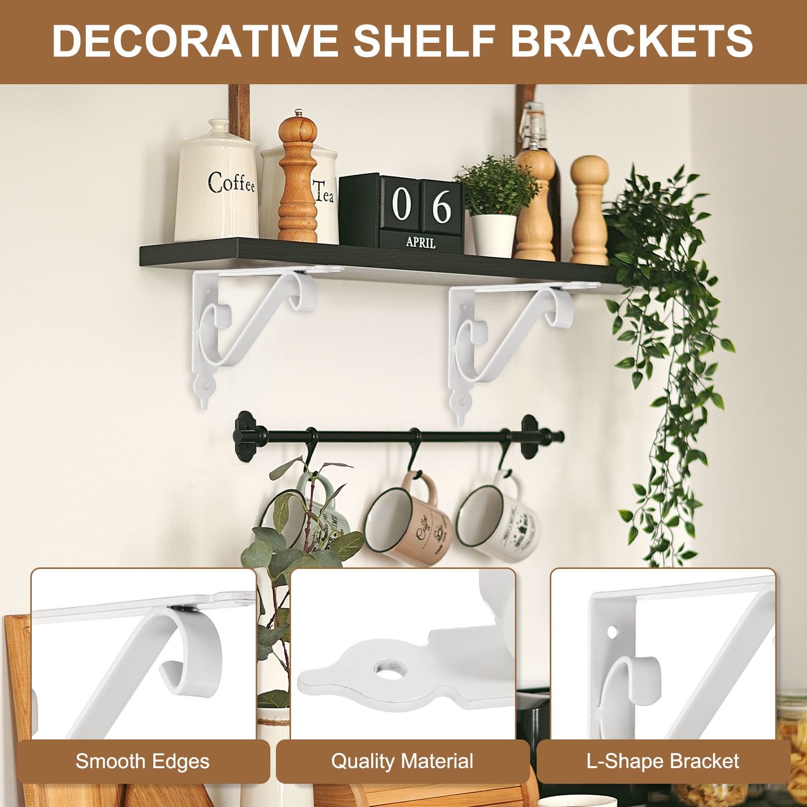 Uxcell 2 Pcs Decorative Shelf Brackets, 200mm/8 Inch Heavy Duty Floating Shelf Brackets for Wall Bookshelves Shelves Support, White