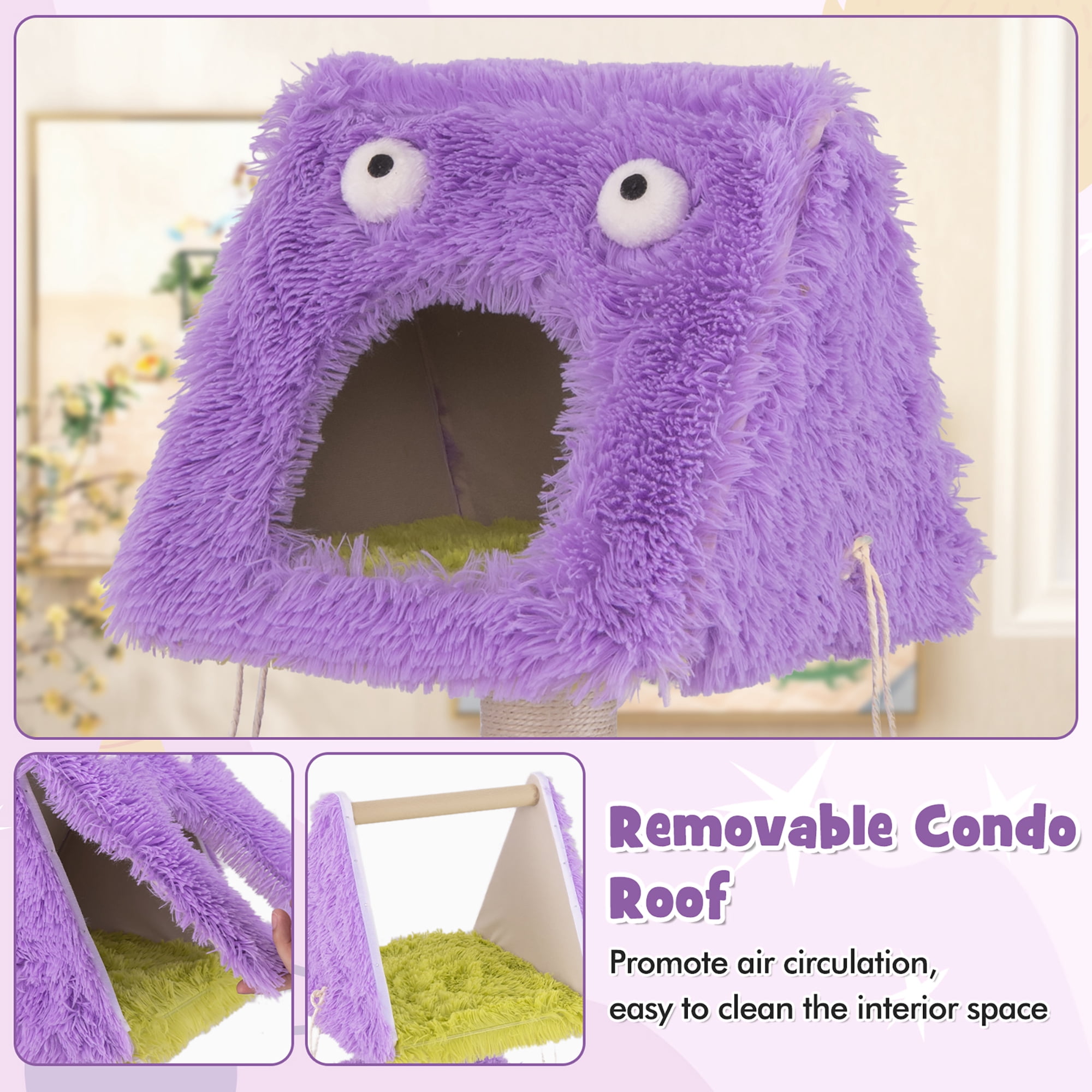Gymax Cat Tree Cute Monster-Themed Cat Tower w/ 2 Private Condos & Soft Long Plush