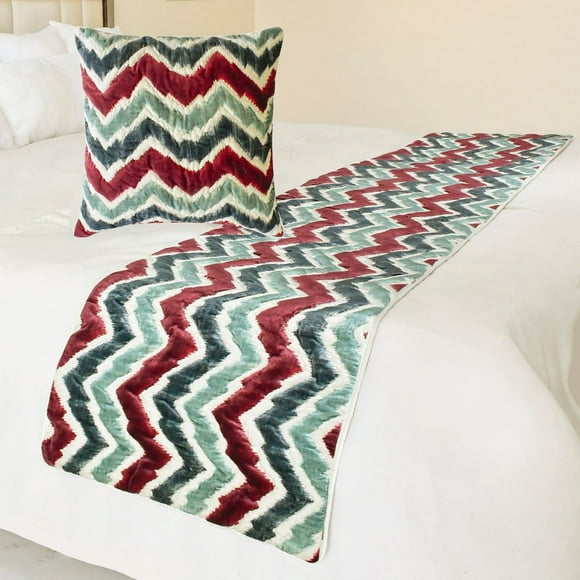 The HomeCentric King / Queen / Twin Red & Blue Designer Queen 74"x18" Bed Runner WITH Two Pillow Cover, Chevron & Quilted Bed Scarf on Suede fabric - Chevron Symphony