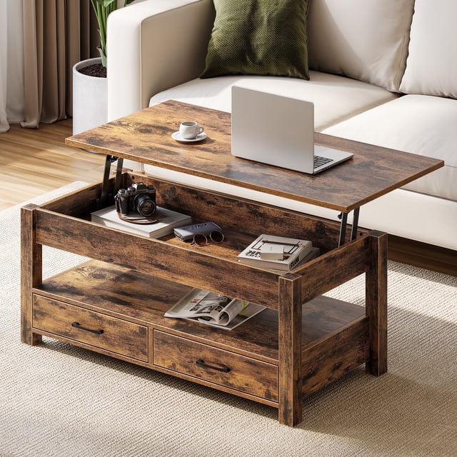Greenstell Table Basse à Plateau Relevable avec 2 Tiroirs, 39 Pouces de Large, Brun Rustique