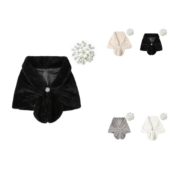 Women's Shawl Wrap Stole with Pearl Rhinestone Brooch Pin, Bridal Long Shrug Cape Winter Warm Scarf for Wedding Party