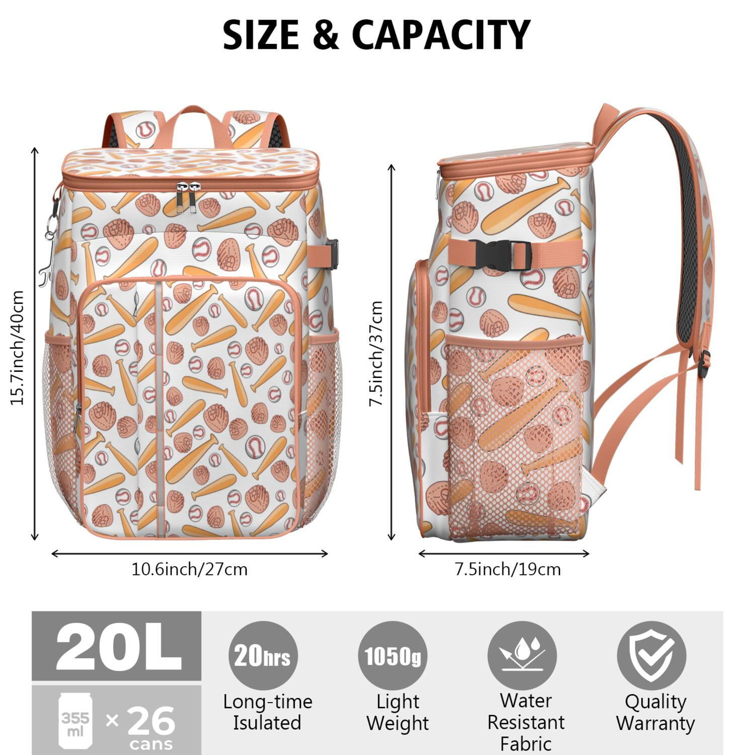 Travel Cooler Bag - White Orange Baseball Gear Pattern Camping Beer Cooler Backpack with Bottle Opener- Waterproof Insulated Picnic Backpacks - Cooler Bag for Beach