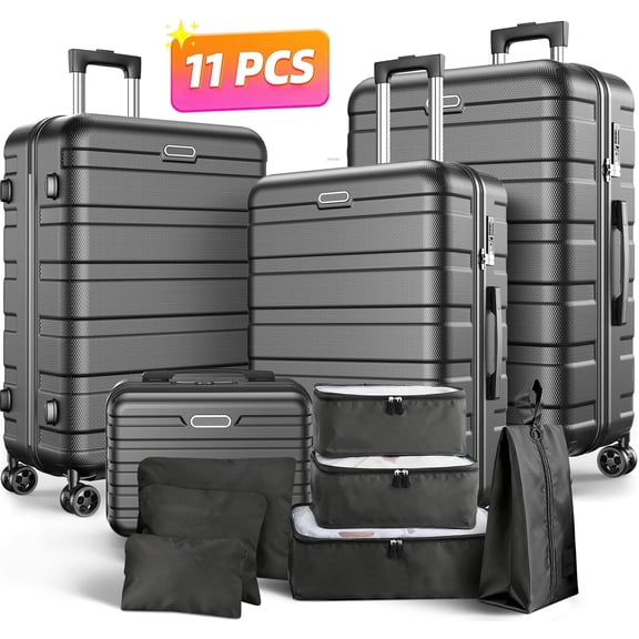 Luggage Sets 11 Piece, Expandable ABS Durable Suitcases Sets, Lock Travel Checked Luggage Sets Black