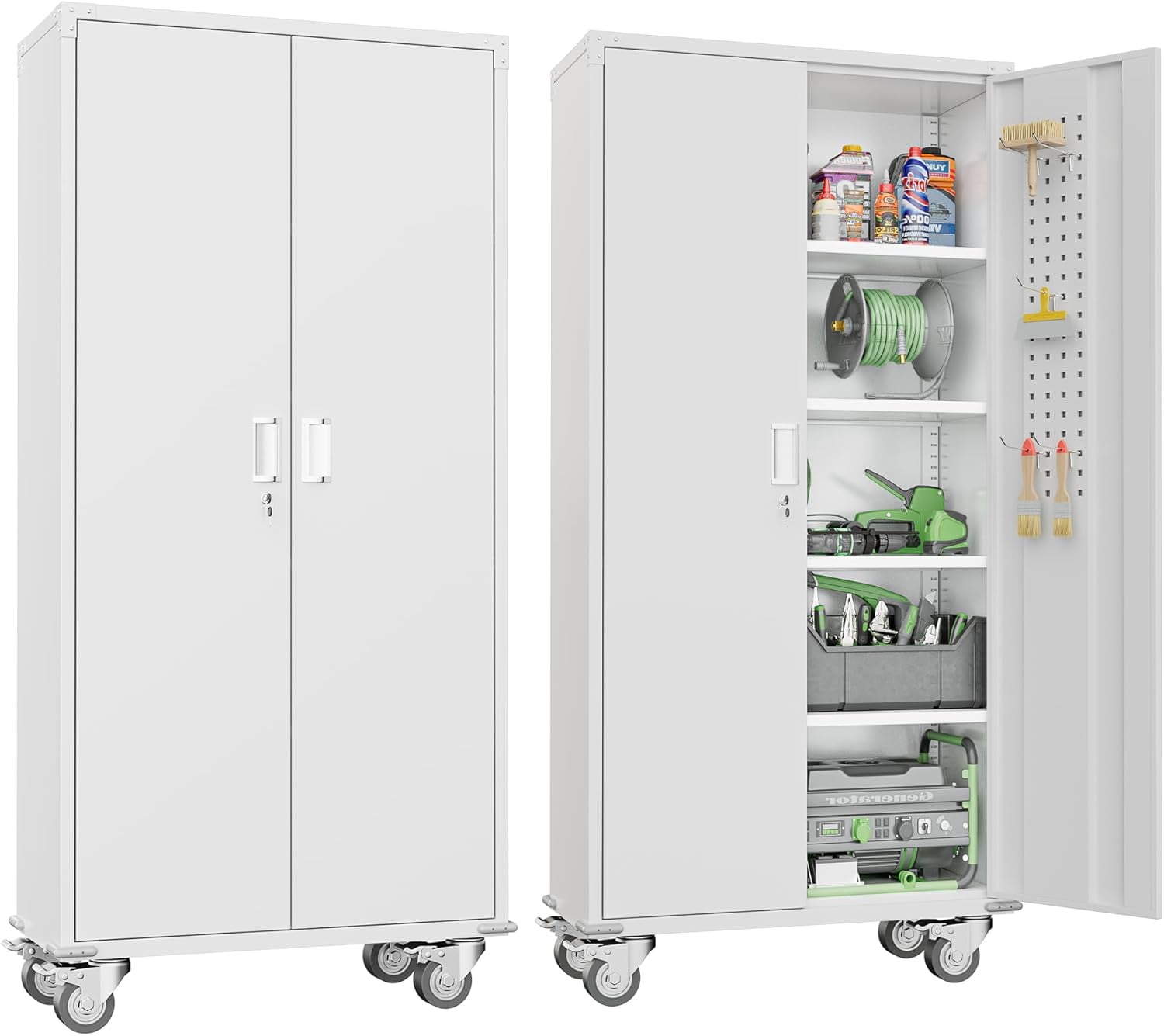 SUNCROWN Metal Storage Cabinet with Wheels,72” White Garage Storage Cabinet with Pegboards and Wheels, Rolling Tool Cabinet with Locking Doors and Shelves for Home,Basement, Kitchen Pantry,Warehouse