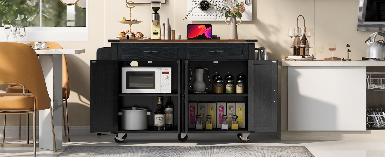 MAYEERTY 53.5" Rolling Farmhouse Kitchen Storage Island with Power Outlet for Home, Black