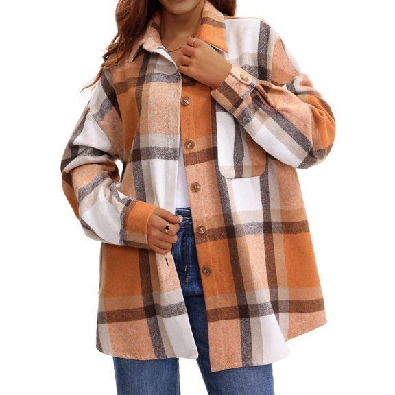 UVN Plaid Shirts for Women Flannel Long Sleeve Shacket Jacket Ladies Shirt Button Down Top Casual Coats
