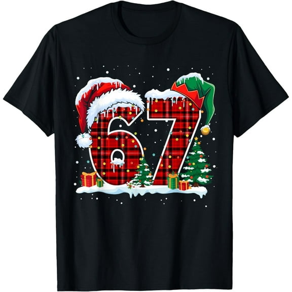 Funny Six Seven 6 7 Meme 67 Christmas Red Plaid Xmas Pajamas Adult T-Shirt