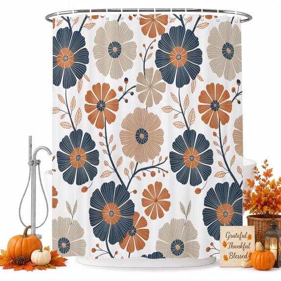 Orange Blue Flowers Shower Curtain Set - Small 36" x 72" Washable Bathtub Curtain with 12 Hooks, Country Botanical Blooms Floral Waterproof Fabric Stall Shower Curtains for Bathroom/Bathtub Décor