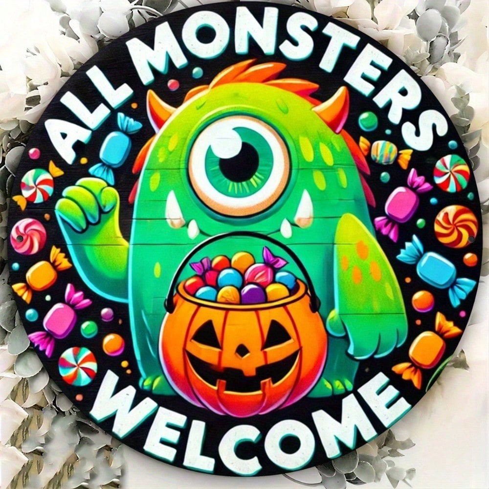 8x8 Inch Round Halloween Metal Sign, 2D Flat Tin Wall Art, Monster Printed Rustic Vintage Decor For Home Bar Party
