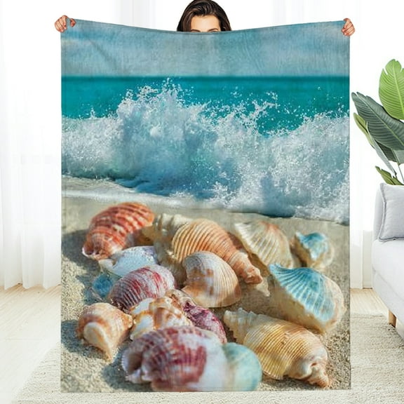 Creowell Seashell Beach Blanket Coastal Shells Throw Blankets with Colorful Conch and Wave Scene Lightweight   Throws for Camping Couch Chair Office Bed Home Decor Gifts for Adults,  30*40in