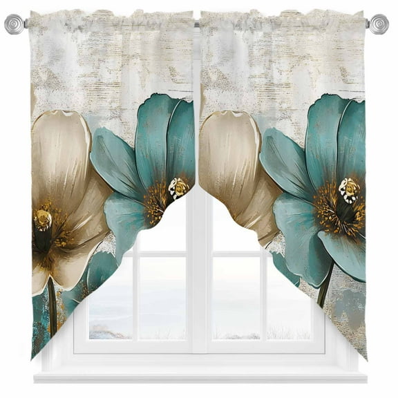 Retro Beige Teal Flowers Swag Valances for Windows 2 Pack Vintage Background Pastoral Style Swag Kitchen Curtains 36 Inches Long Rod Pocket Short Window Treatment for Kitchen Bathroom 28"x36"