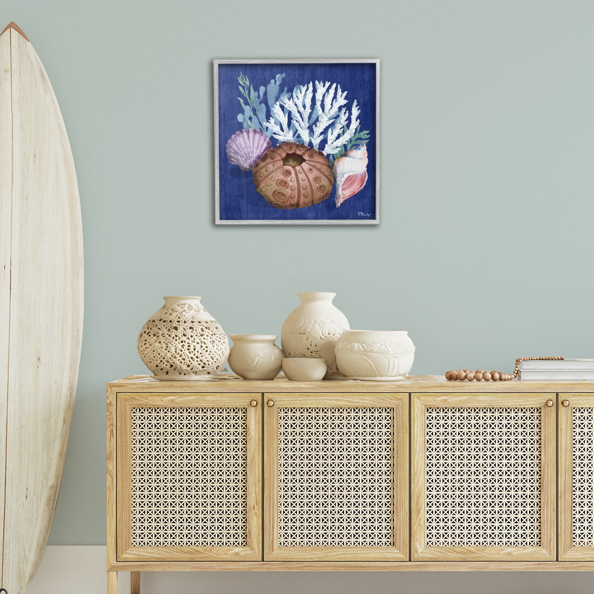 Stupell Industries Urchin & Coral Still Life Coastal Painting Gray Framed Art Print Wall Art, 24 x 24
