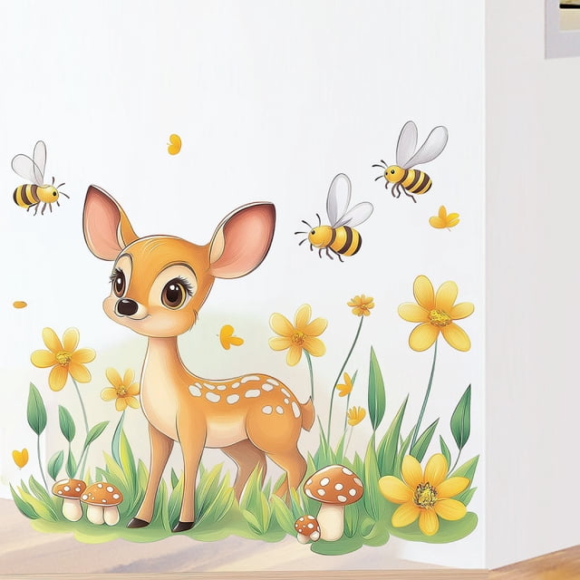Adhesivos de pared con bonitos dibujos animados de ciervos con abejas y flores