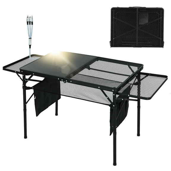 Portable Solar Camping Grill Table with USB, Type-C & DC Outlets, Folding Design, 2 Side Shelves, Outdoor Tailgate Table