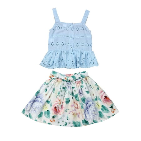 

Suanret Floral Toddler Kids Baby Girls Vest Tops Short Skirt 2Pcs Summer Outfits Clothes Blue 1-2 Years