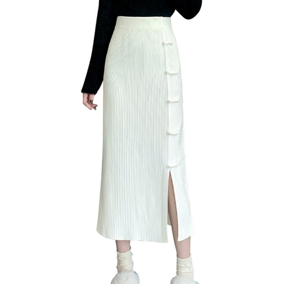 BEAUKEY Midi Skirt For Women Side Slits Straight Skirt Chinese Pearl Buckle Knitted Skirt