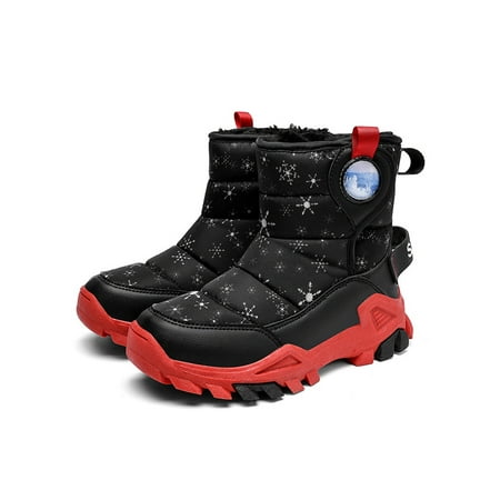 

Daeful Boys Girls Warm Metal Buckle Snow Boot Cold Weather Slip Resistant Comfort Shoes School Non-Slip Cotton Lining Winter Boots Black Red 13C
