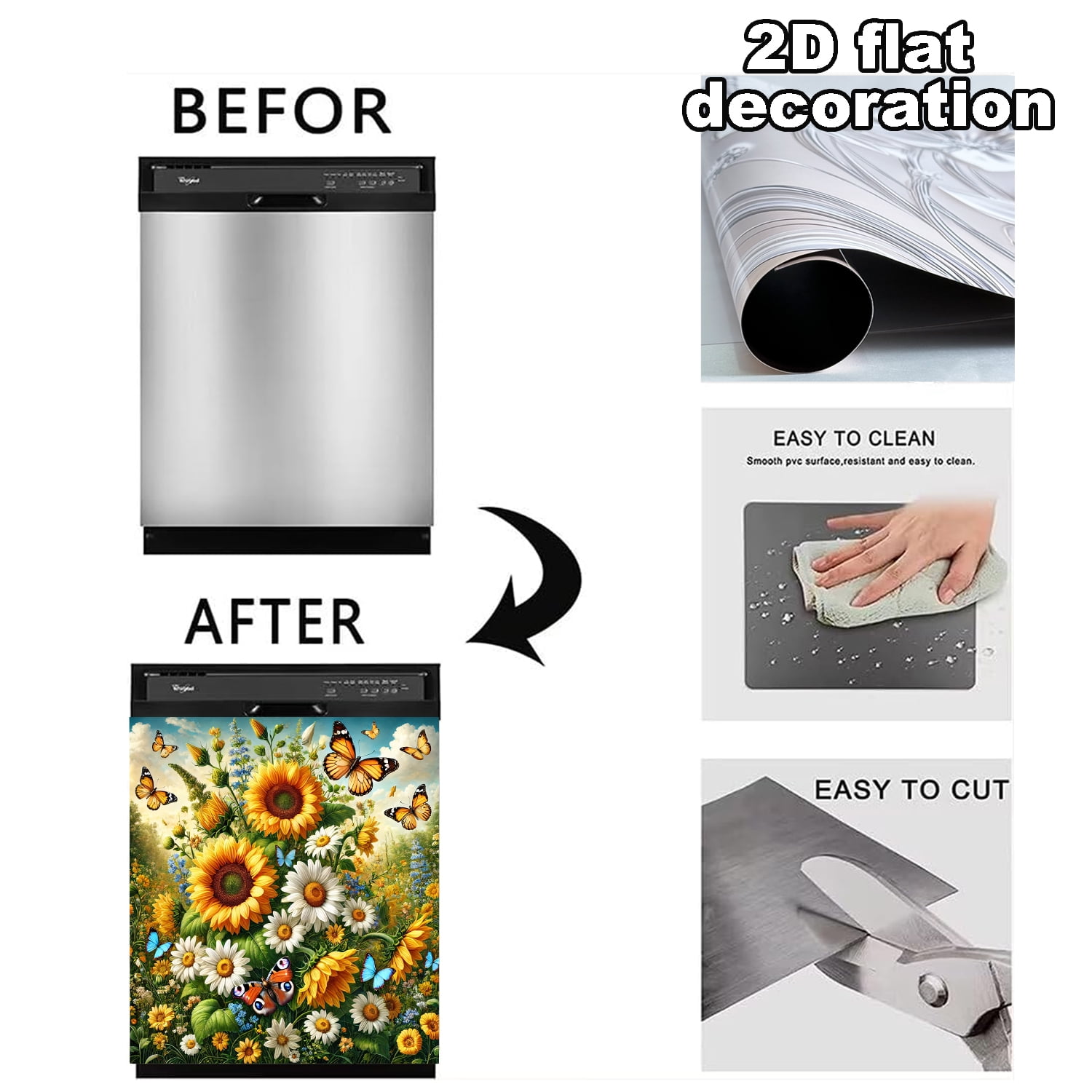 1Pc Dishwasher Magnet Cover, Sunflowers and Butterflies Magnet Sticker Fridge Panel Decal for Home Kitchen Decor, 23x26 in