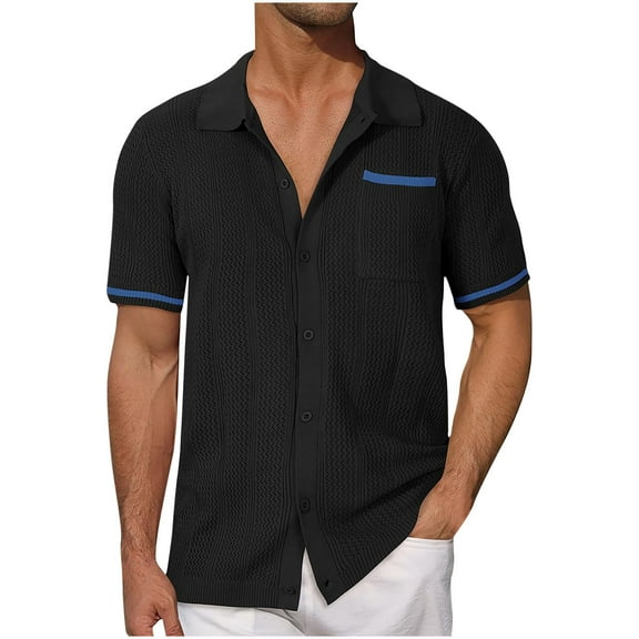 Lovskoo Mens Button Down Short Sleeve Shirt Collared Shirt Trendy Knit Hollow Out Casual Solid Color Blouse Shirt Black