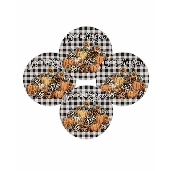 Fall Round Placemats Set of 4 Leopard Pumpkin Place Mats Thanksgiving Woven Placemat Black Buffalo Plaid Linen It's Fall Y'all Circle Braided Table Mat for Kitchen Dining Table Party Decor 15 Inch