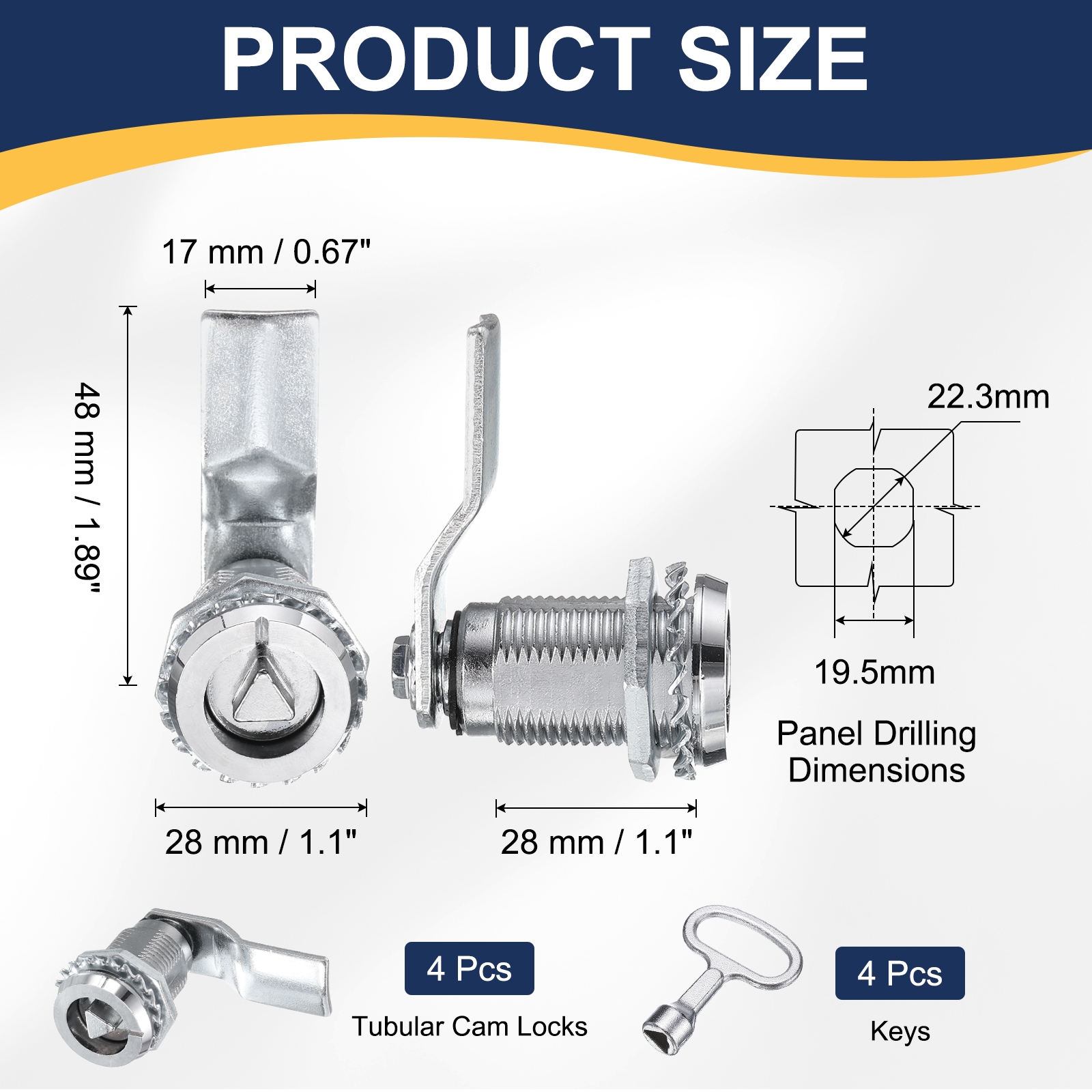 Tubular Cam Lock 7/8" Cylinder Length Zinc Alloy Cabinet Lock with Key White 4 Pack