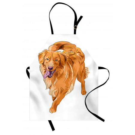 Golden Retriever Apron Playful Dog Running with a Smiling Face Best Friend and Companion, Unisex Kitchen Bib Apron with Adjustable Neck for Cooking Baking Gardening, Orange Violet White, by