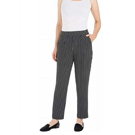 Hilary Radley Ladies' Pull On Pants Tummy Control, Black/White Stripe Large