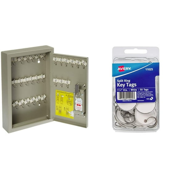 Kidde 001795 Combination TouchPoint Entry Key Locker, Clay, 30 & Avery Metal Rim Key Tags, 1.25" Diameter Tag, Metal Split Ring, White, 50 Tags (11025)