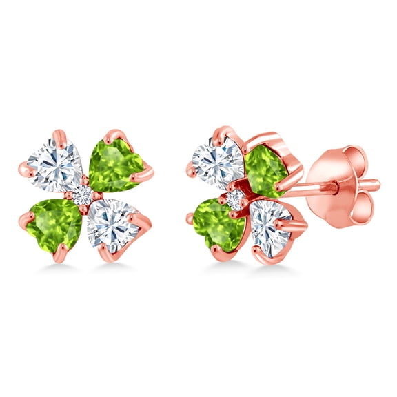 Gem Stone King 18K Rose Gold Plated Silver White Moissanite Green Peridot and White Lab Grown Diamond Earrings for Women | 2.15 Cttw | Gemstone | Heart Shape 4MM