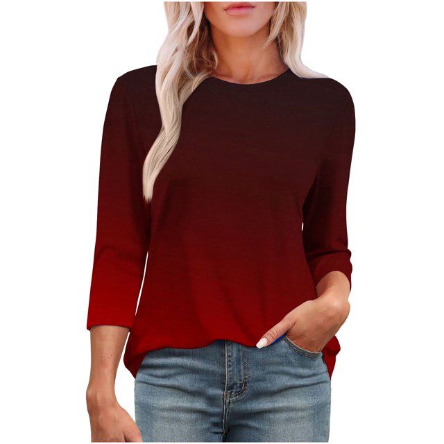 Plebaso T-Shirts à Manches 3/4 Col Rond pour Femmes Tee-Shirts Décontractés Amples Blouses Dégradées pour S-5TG