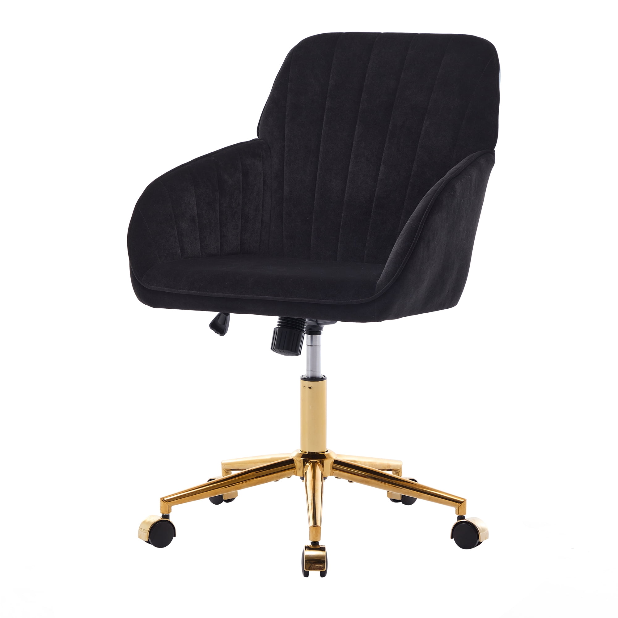 Peispie Velvet Office Chair 300lbs, Mid Back Vanity Chair, Modern Swivel Desk Chair with Gold Base, Upholstered Computer Task Chair for Bedroom, Black