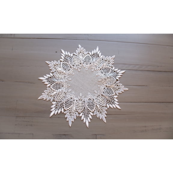 Earth Tone Silver Lace on Silver Fabric Doily (12" Round)