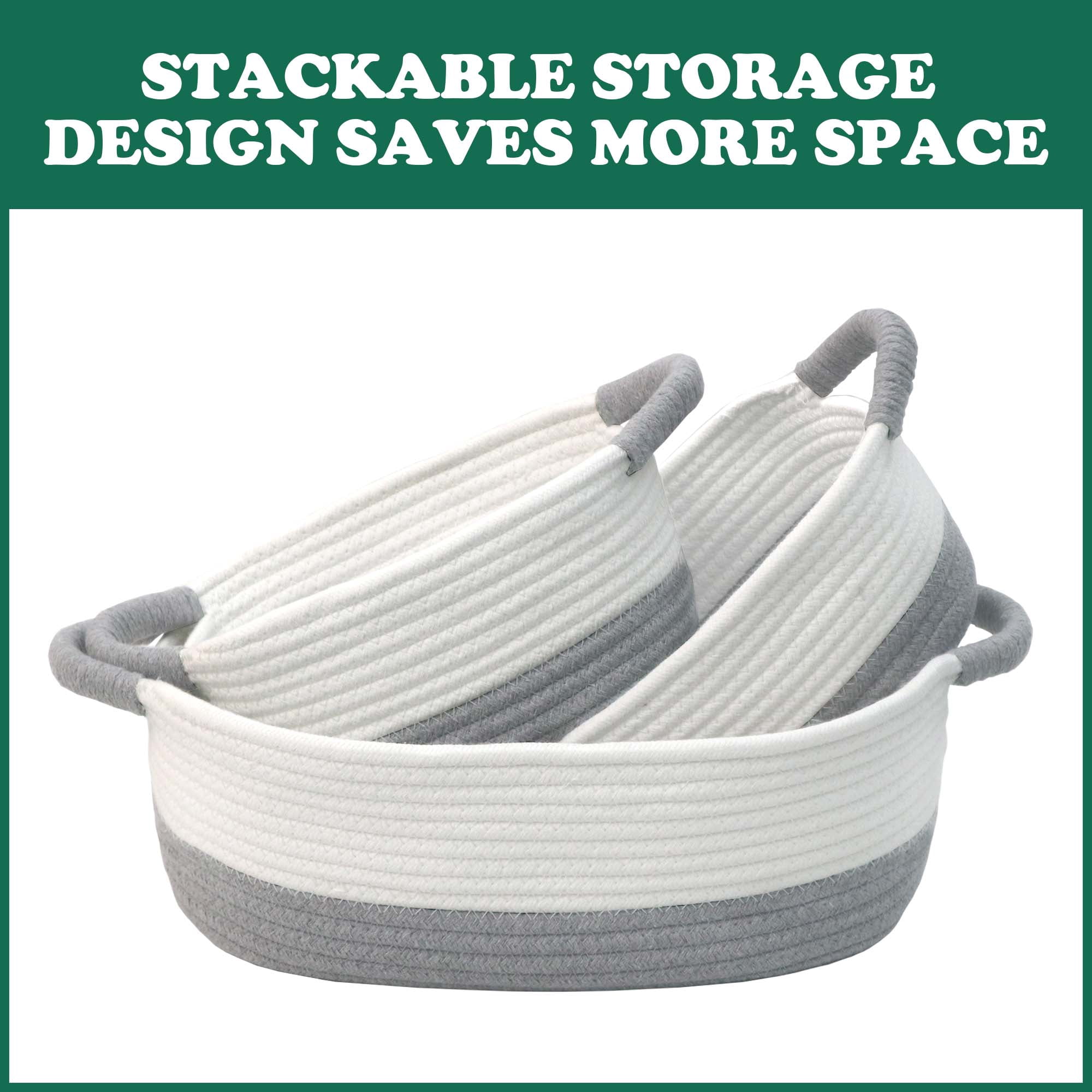 Caroeas 3-Piece Small Cotton Rope Basket, Woven Storage Basket Set, Nesting Bins for Organizing Shelves, Baby, Nursery, Toy Storage, Montessori, White and Gray