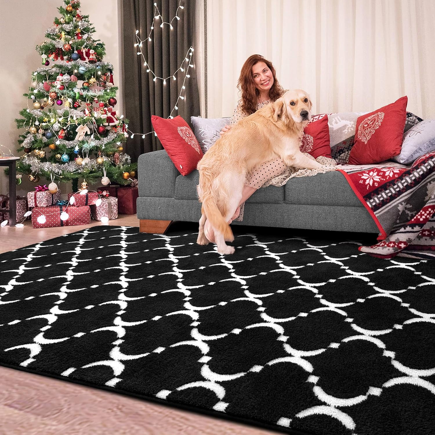 TWINNIS 6'x9' Area Rug Geometric Non Slip Fluffy Carpet,Soft Plush Polyester Rug for Living Room Bedroom,Black White