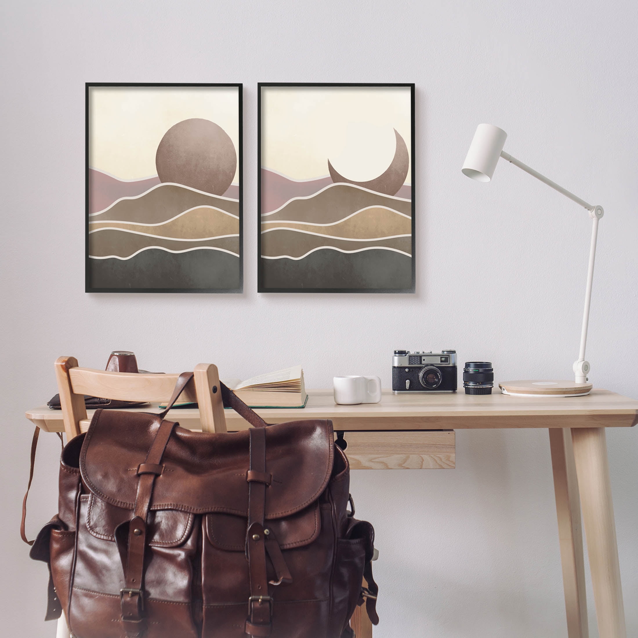 Neutral Toned Landscape Sun Moon Landscape Graphic Art Black Framed Art Print Wall Art, Set of 2