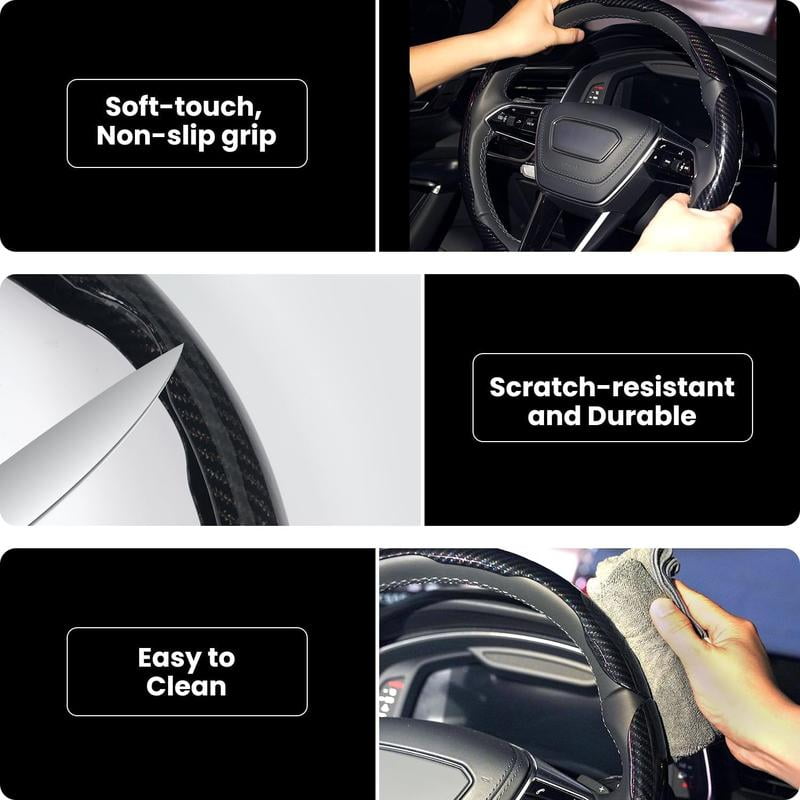 3PCS Carbon Fiber Anti-Skid Steering Wheel Cover, Segmented Design, Universal Fit For 15Inch Car Wheel Cover Protector, Black