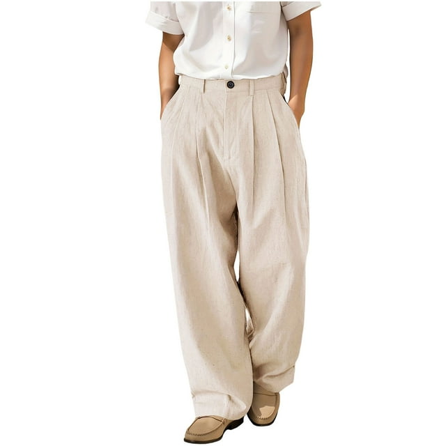 JMYHOAM Linen Pants for Men Work Pants Dress Pants Double Pleated and Fashionable Trousers with Button Zipper and Multiple Pockets