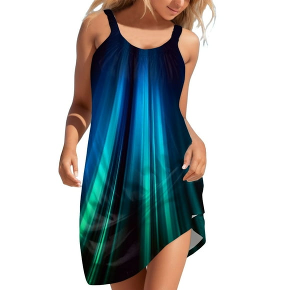 TJAZFJPA Engagement Party Dress Women Summer Casual Fashion Beach Vacation Round Neck Sleeveless Colorful Striped Print Dress Brown Dress Woman Dresses Formal
