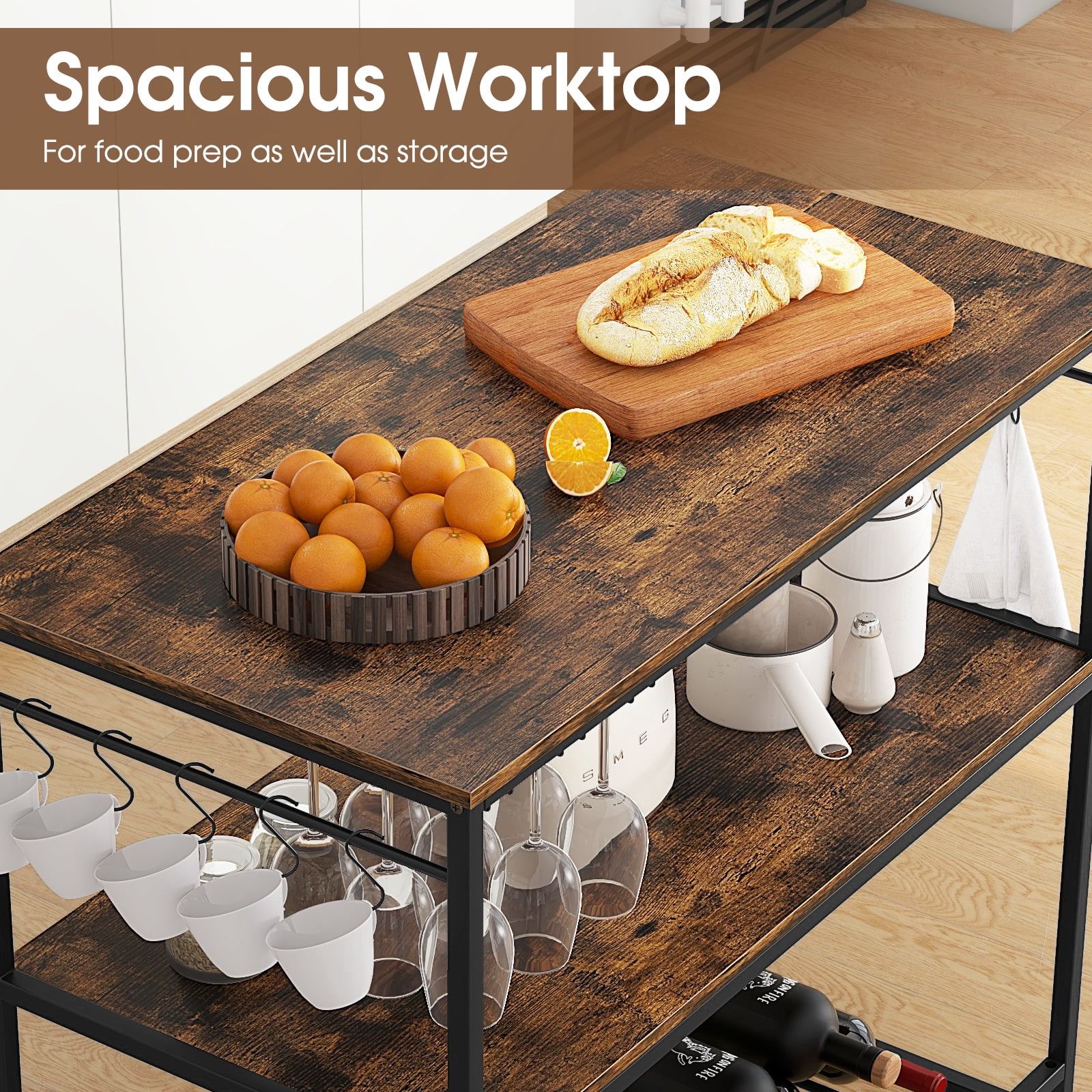 Topcobe 3 Shelves Kitchen Island Industrial Prep Table with Bottom Wine Rack, Basics Kitchen Storage Rack, Rustic Brown
