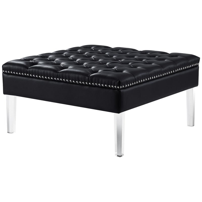 Posh Luke Tufted Faux Leather Oversized Ottoman with Acrylic Legs in
