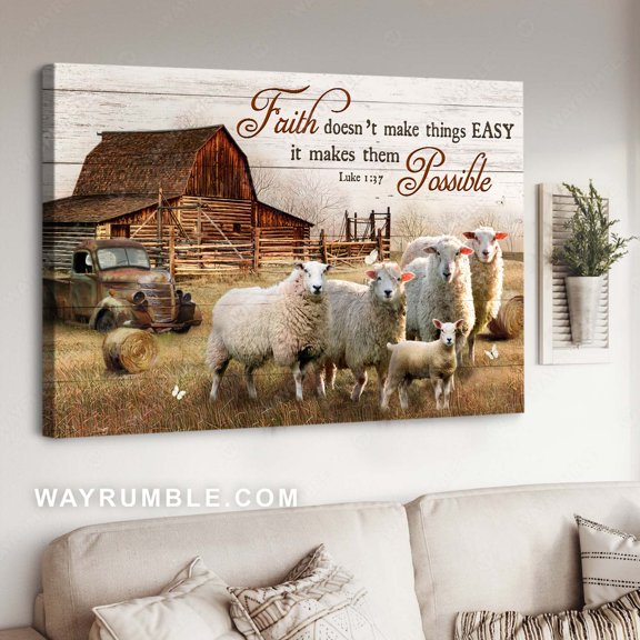 Cute sheeps, Farm animal, Rustic farmhouse, Faith doesn't make things easy - Jesus Landscape poster Prints, Home Decor Wall Art, UNFRAMED-8x12