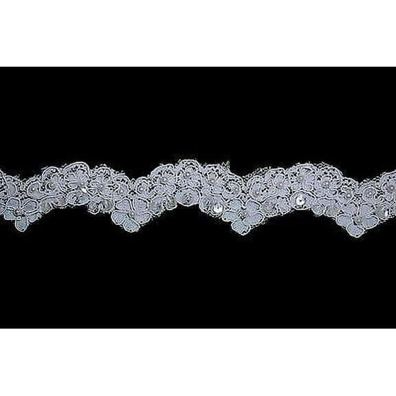 Lily 1.5" White Pearl Beading Sequins Floral Corded Raschel Lace Sewing by Yard
