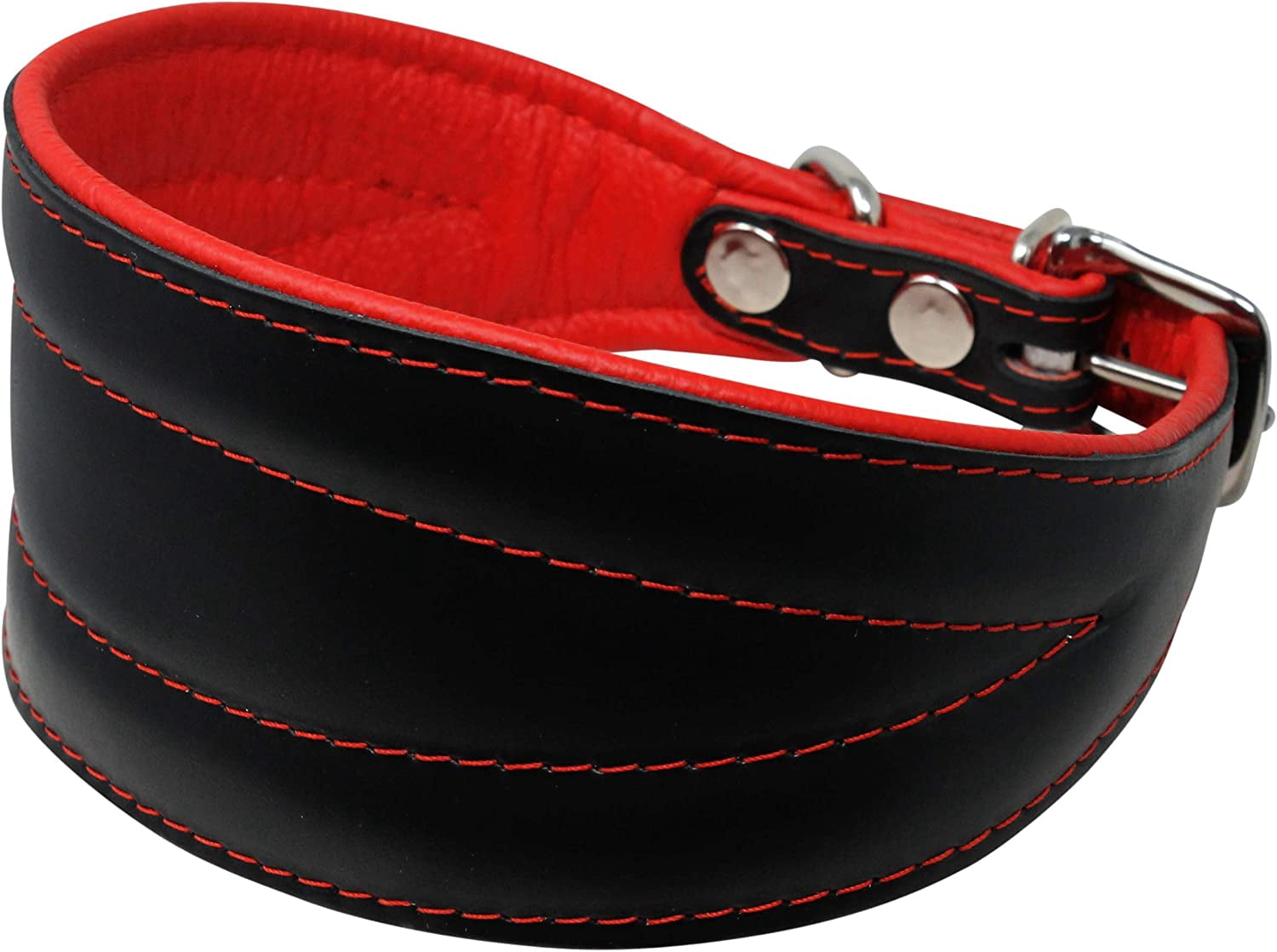 Real Leather Extra Wide Padded Tapered Dog Collar Glossy Black Greyhound Saluki Deerhound Lurcher Whippet Dachshund (8"-9.5" Neck; 1.75" Wide, Red)