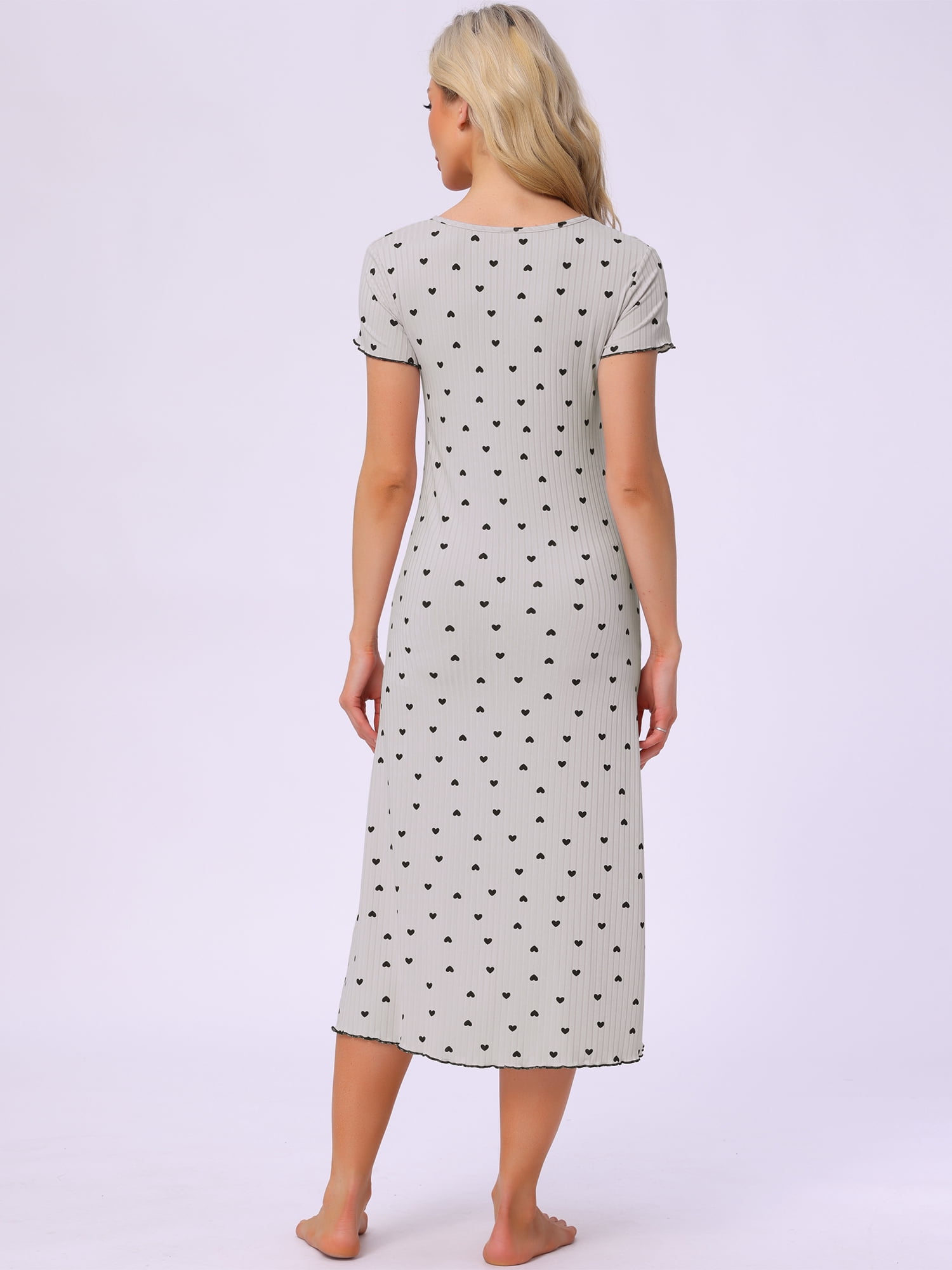 DARING DIVA Women's Short Sleeve Heart Print Lace Trim Ribbed Nightgown S Gray
