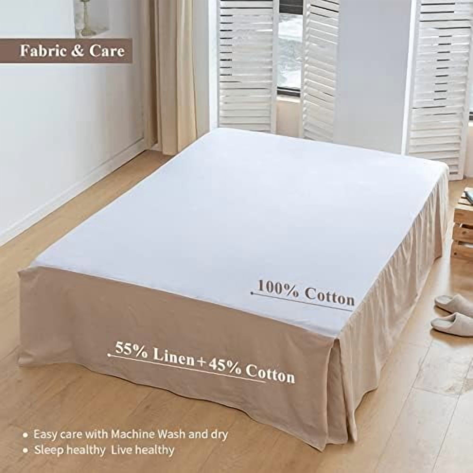 French Linen Bed Skirt with Pleated Corner 18-Inch Tailored Drop Natural Flax Cotton Blend Basic Dust Ruffle Soft Cozy Farmhouse Bedding (18" Queen, Basic Linen)