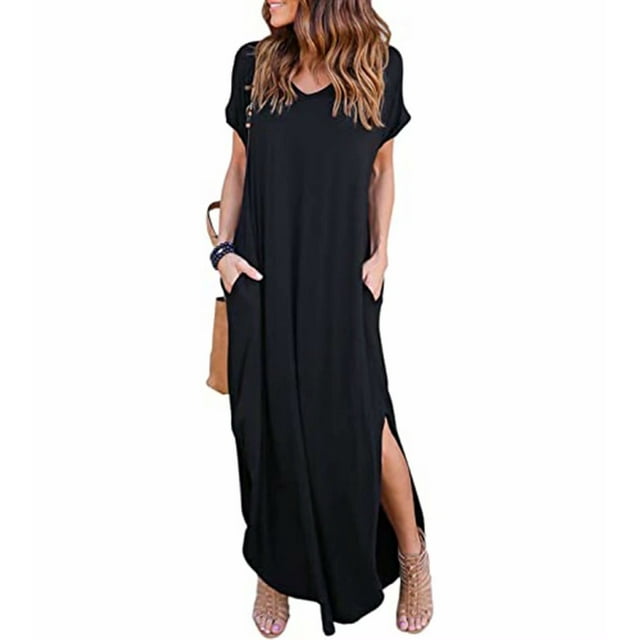 Robe Maxi d'Été pour Femmes Décontractée Ample avec Poches Longue Robe Manches Courtes Fendue Vert Armée Noir 3TG